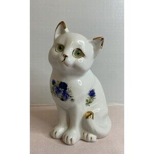 1980s Baum Brothers Blue Victorian Rose Collection Porcelain Cat